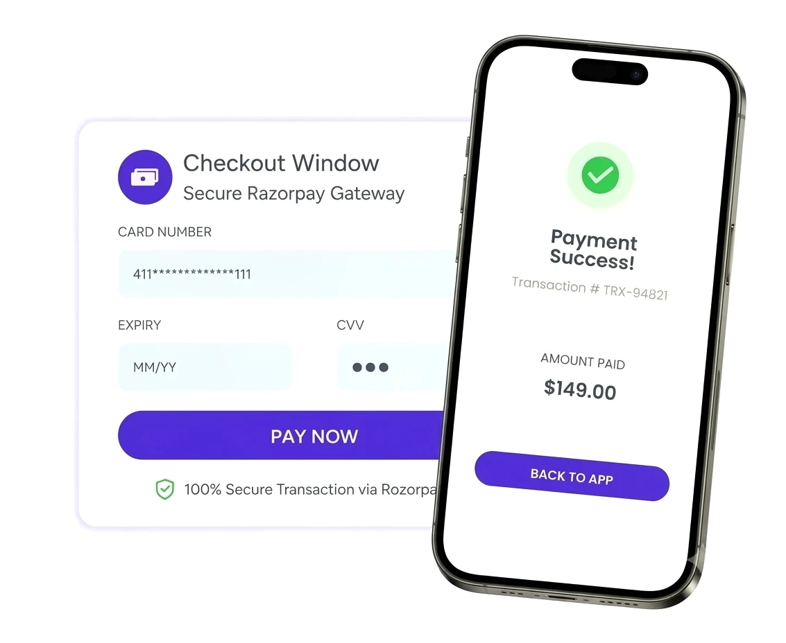 Razorpay checkout window and payment success screen