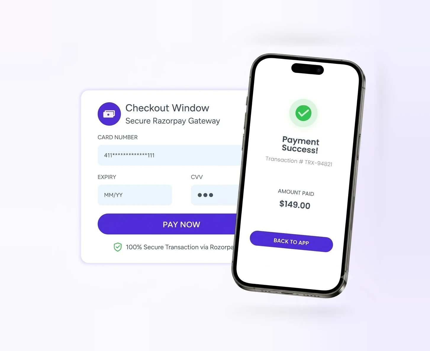 Razorpay checkout window and payment success screen