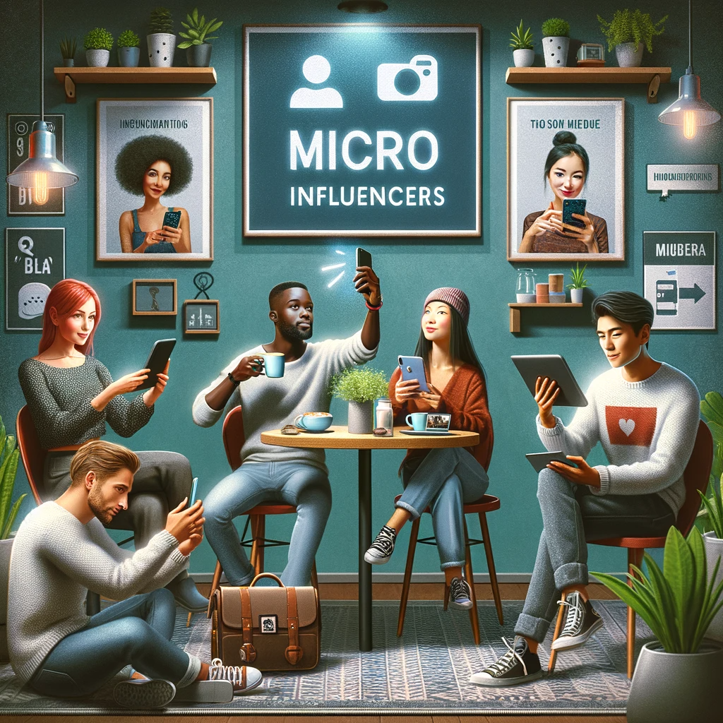 Animated image of different influencers (people) sitting in a cafe like set up with their phones and laptops, taking photos and selfies.